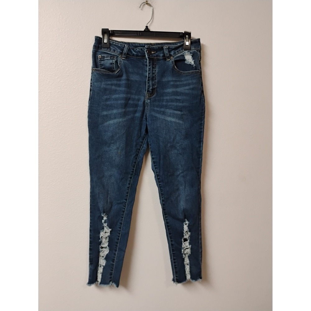 BBJ Los Angeles Distressed Skinny Jeans Blue Denim Raw Hem Size 11/30